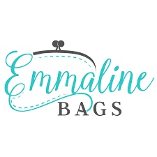Logo of Emmaline Bags featuring the brand name in cursive teal and grey letters with a decorative stitch and clasp design.