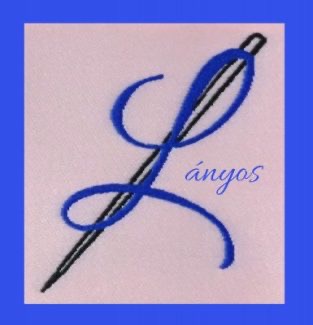 A stylized blue embroidery needle with a flowing design, accompanied by the text 'Lányos' in a matching blue font on a light pink background.