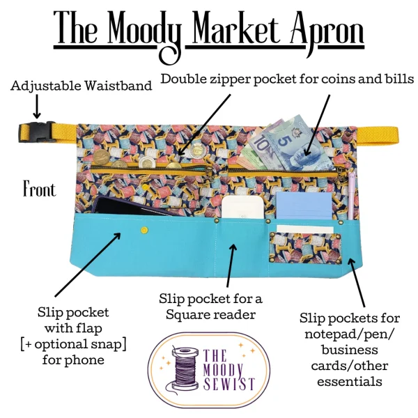 The Moody Market Apron featuring an adjustable waistband, double zipper pocket for coins and bills, slip pocket for a Square reader, and additional slip pockets for notepad, pen, and business cards.