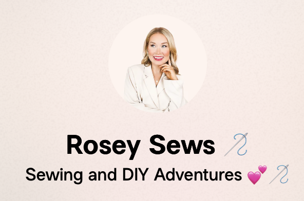 Logo for 'Rosey Sews' featuring a smiling individual in a white outfit, with the tagline 'Sewing and DIY Adventures' and sewing needle icons.